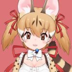  1girl animal_costume animal_ear_fluff animal_ears bow bowtie brown_eyes brown_hair cat_ears cat_girl cat_tail kemono_friends kemono_friends_v_project large-spotted_genet_(kemono_friends) long_hair looking_at_viewer microphone official_art open_mouth ribbon shirt simple_background smile solo tail twintails virtual_youtuber yoshizaki_mine 