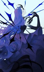  1girl absurdres blue_dress blue_hair closed_eyes closed_mouth constellation_print dress gradient_skin highres knight_of_despair lobotomy_corporation long_hair project_moon simple_background solo stab sword very_long_hair weapon white_background wwcinnamon 