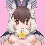  1girl animal_costume animal_ear_fluff animal_ears bat_wings bow bowtie breasts brown_eyes brown_hair brown_long-eared_bat_(kemono_friends) grey_hair kemono_friends kemono_friends_v_project large_breasts long_hair looking_at_viewer multicolored_hair official_art open_mouth shirt simple_background smile solo virtual_youtuber wings yoshizaki_mine 