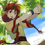  1girl braid breasts brown_eyes dress gensou_suikoden headband long_hair looking_at_viewer lowres open_mouth redhead sakai_yume smile solo tengaar_(suikoden) twin_braids twintails 