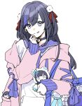  1girl :q alternate_costume alternate_hairstyle bag black_hair blue_neckerchief blue_sailor_collar blush choker grey_eyes hair_ornament hair_ribbon hand_on_own_chin handbag heart heart_choker highres jacket licking_lips long_hair neckerchief nijisanji pink_jacket pom_pom_(clothes) pom_pom_hair_ornament ponto_nei ribbon sailor_collar sailor_shirt shirt sleeves_past_wrists solo srkm_ice stuffed_animal stuffed_toy tongue tongue_out two_side_up virtual_youtuber white_background 