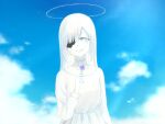  1girl blue_sky clouds colored_skin commentary_request cracked_skin dress flower halo highres holding holding_flower k-d long_hair long_sleeves looking_at_viewer neck_ribbon one-eyed original parted_lips ribbon sky smile solo upper_body white_dress white_eyes white_hair white_ribbon white_skin 
