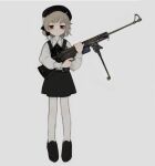  1girl beret black_headwear black_ribbon black_skirt blush brown_eyes closed_mouth collared_shirt commentary_request expressionless finger_on_trigger full_body gun hair_ribbon hat hatoba_tsugu highres holding holding_gun holding_weapon knee_blush light_brown_hair long_sleeves mikazuki_(mikadukia031) mole mole_under_eye neck_ribbon pantyhose puffy_long_sleeves puffy_sleeves ribbon rifle shirt shirt_tucked_in shoes short_hair simple_background skirt sleeve_cuffs solo straight-on suspender_skirt suspenders tsugu_(vtuber) virtual_youtuber weapon white_background white_pantyhose white_shirt 