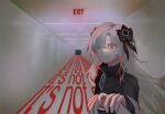  1girl black_coat black_flower closed_mouth coat commentary_request english_text exit_sign flower grey_eyes grey_hair hair_flower hair_ornament hair_over_one_eye hallway hand_grab heterochromia highres indoors isekai_joucho kamitsubaki_studio long_hair looking_at_viewer multicolored_hair pov pov_hands red_eyes red_pupils redhead sanpaku smile solo streaked_hair ume_(ume_xxoo) upper_body vanishing_point virtual_youtuber 
