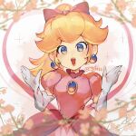  1girl :d absurdres blonde_hair blue_eyes blurry blurry_foreground blush bow commentary_request depth_of_field dress earrings elbow_gloves eyelashes flower flower_request gem gloves hair_between_eyes hair_bow hanaon hands_up heart high_ponytail highres jewelry lips long_hair looking_at_viewer open_mouth pink_bow pink_dress pink_flower plant ponytail princess_peach puffy_short_sleeves puffy_sleeves short_sleeves sidelocks simple_background smile solo sparkle sphere_earrings super_mario_bros. untitled_princess_peach_game white_background white_gloves 