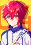  1boy blue_jacket blue_lock braid highres jacket kurona_ranze looking_at_viewer male_focus multicolored_clothes multicolored_jacket parted_lips red_eyes redhead short_hair side_braid single_braid solo tsukky two-tone_jacket upper_body white_jacket yellow_background 