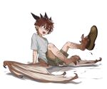  1boy brown_eyes brown_footwear brown_hair brown_shorts claws dragon_boy dragon_wings fang green_shorts grey_shirt horns monster_boy mullmull02 open_mouth original pointy_ears scales shirt shorts smile t-shirt white_background wings 