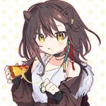  1girl :q animal_ears arknights black_choker black_gloves blush brown_hair brown_jacket choker collarbone dress fingerless_gloves food fur-trimmed_jacket fur_trim gloves hair_between_eyes holding holding_food holding_pizza jacket long_hair long_sleeves looking_at_viewer lunacub_(arknights) maguro_kan off_shoulder open_clothes open_jacket pizza polka_dot polka_dot_background solo tongue tongue_out upper_body white_dress wolf_ears yellow_eyes 