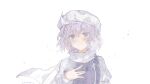  1girl closed_mouth highres kalmeyaki lapel_pin letty_whiterock light_purple_hair long_sleeves looking_at_viewer one-hour_drawing_challenge scarf short_hair simple_background solo touhou upper_body violet_eyes white_background white_scarf 