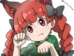  1girl :3 animal_ear_fluff black_bow blunt_bangs bow braid commentary dress edwardmidori extra_ears fang fang_out green_dress hair_bow hands_up head_tilt kaenbyou_rin light_blush long_hair looking_at_viewer paw_pose puffy_short_sleeves puffy_sleeves red_eyes redhead short_sleeves simple_background solo touhou twin_braids upper_body white_background 