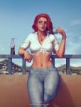  atom_eve blue_sky coca-cola curvy denim green_eyes invincible_(series) jeans jewelry krystopher_decker midriff necklace pants parted_lips redhead shirt sky sunglasses tied_shirt white_shirt 
