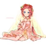  1girl alternate_costume blue_eyes dragalia_lost dress elbow_gloves flower full_body gloves hair_flower hair_ornament highres looking_at_viewer maribelle_(dragalia_lost) on_floor pink_dress pink_hair po_pooch smile solo thigh-highs twintails twitter_username veil 