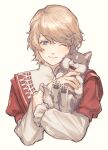  1boy animal blonde_hair blue_eyes dog final_fantasy final_fantasy_xvi highres holding holding_animal joshua_rosfield long_sleeves neji_vuldarak one_eye_closed red_shirt shirt short_hair simple_background smile torgal_(ff16) two-tone_shirt upper_body white_background white_shirt 