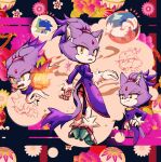  1girl blaze_the_cat cat_girl cat_tail fire forehead_jewel furry furry_female gloves gold_necklace hand_on_own_hip high_heels highres holding_hands jacket jewelry looking_back necklace pants pink_footwear ponytail purple_fur purple_jacket rfts10919 smirk sonic_(series) sonic_the_hedgehog tail white_pants yellow_eyes 