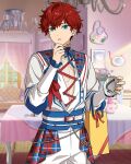  1boy amagi_hiiro aqua_eyes bag belt bow cherished_cutie_(ensemble_stars!) couch cowboy_shot curtains earrings ensemble_stars! fingernails hand_on_own_chin happy_elements hello_kitty_(character) holding hoop_earrings jewelry kuromi long_sleeves male_focus my_melody official_art parted_lips picture_frame pillow pink_bow red_bow redhead sanrio see-through short_hair solo spade_(shape) table third-party_source 