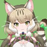  1girl animal_costume animal_ear_fluff animal_ears bow bowtie breasts cat_ears cat_girl cat_tail closed_mouth green_eyes grey_hair jungle_cat_(kemono_friends) kemono_friends kemono_friends_v_project large_breasts long_hair looking_at_viewer microphone official_art ribbon shirt simple_background smile solo tail twintails virtual_youtuber yoshizaki_mine 