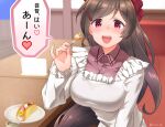  1girl apron blush brown_hair collared_shirt food fork hair_ornament hairclip heart highres holding holding_fork izumikuma kantai_collection kappougi long_hair long_sleeves mamiya_(kancolle) open_mouth pink_shirt ponytail red_eyes shirt smile solo speech_bubble translation_request 