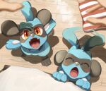  11115963 1other blurry blurry_foreground blush closed_eyes commentary_request excited fangs happy indoors looking_at_viewer looking_up motion_blur open_mouth orange_eyes pokemon pokemon_(creature) pov riolu signature tail tail_wagging tongue wooden_floor 