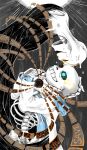  black_cloak blue_eyes cloak eye_contact grey_background highres hood hood_down horror_(theme) leaning_forward long_sleeves looking_at_another phantomreturn ribs sans skeleton skull teeth undertale w.d._gaster yellow_eyes 