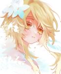  1girl blonde_hair blush crying flower genshin_impact hair_flower hair_ornament highres looking_to_the_side lumine_(genshin_impact) parted_lips portrait short_hair_with_long_locks sidelocks simple_background solo tears umiushi_u white_background white_flower yellow_eyes 