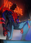  1boy animal_print blue_bodysuit bodysuit highres male_focus marvel mask muscular muscular_male neon_lights night night_sky print_bodysuit rain red_bodysuit skin_tight sky solo spider-man:_across_the_spider-verse spider-man_(2099) spider-man_(series) spider_print two-tone_bodysuit white-corner 