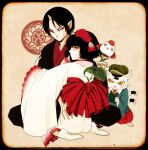  ._. 1boy 1girl black_eyes black_hair cat commentary_request eyeshadow flower hair_ornament hat holding holding_flower hoozuki_(hoozuki_no_reitetsu) hoozuki_no_reitetsu horns hug japanese_clothes kingyosou koban_(hoozuki_no_reitetsu) long_sleeves looking_at_viewer makeup mole mole_under_eye multiple_tails okumura on_ground oni oni_horns peach_maki pointy_ears red_eyeshadow short_hair sitting slit_pupils socks tail two_tails white_socks yellow_eyes 