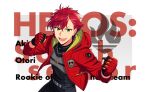  1boy bad_source belt clenched_hands ear_piercing fingerless_gloves gloves green_eyes hair_between_eyes happy_elements helios_rising_heroes highres hood hood_down jacket male_focus official_art open_clothes open_jacket open_mouth otori_akira piercing red_jacket redhead smile solo teeth third-party_source 