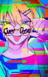  1boy :p absurdres alternate_costume bespectacled blonde_hair blue_background blue_eyes blue_shirt chromatic_aberration colorful double-parted_bangs glasses glitch hair_between_eyes hair_ornament hairclip hand_on_eyewear highres holostars ikuhiro_(19nnnkti16) jacket kishido_temma looking_at_viewer male_focus open_clothes open_jacket overdose_(natori) round_eyewear shirt short_hair solo song_name straight-on t-shirt teeth tongue tongue_out upper_body upper_teeth_only v-shaped_eyebrows virtual_youtuber white_jacket 