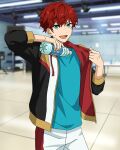  1boy adjusting_clothes amagi_hiiro aqua_eyes aqua_shirt blurry blurry_background bottle cowboy_shot drawstring ensemble_stars! happy_elements holding holding_bottle indoors jacket long_sleeves looking_at_viewer male_focus official_art open_clothes open_jacket open_mouth redhead shirt short_hair sleeves_past_elbows solo sweat teeth third-party_source upper_teeth_only 