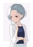  1girl blue_shirt commentary_request forehead grey_hair highres kantai_collection mole mole_on_neck official_alternate_costume porupurucha robe shirt short_hair simple_background solo swept_bangs tamanami_(kancolle) upper_body white_background white_robe 