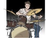  1boy andrew_neiman blue_pants brown_hair closed_eyes cymbals drum drum_set drumsticks ggooww7 highres instrument male_focus pants parted_lips shirt short_sleeves sitting snare_drum solo sweat whiplash_(2014_movie) white_shirt 