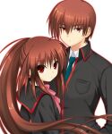  1boy 1girl black_jacket blue_necktie brother_and_sister brown_hair closed_mouth collared_shirt commentary_request expressionless eyes_visible_through_hair floating_hair frown hair_between_eyes jacket little_busters! long_hair long_sleeves looking_at_viewer looking_back natsume_kyousuke natsume_rin necktie otou_(otou_san) pink_ribbon ponytail red_eyes ribbon school_uniform shirt short_hair siblings sidelocks simple_background straight_hair upper_body upturned_eyes very_long_hair white_background white_shirt 
