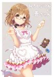  1girl apron azuki_yui baby_bottle black_ribbon bottle bow bowtie brown_eyes brown_hair frilled_apron frilled_ribbon frills glasses grey_background heart_apron high_heels holding holding_bottle indie_virtual_youtuber miruku_purin neck_ribbon pacifier pink_bow pink_skirt purple_bow purple_bowtie red-framed_eyewear ribbon skirt sleeveless solo stuffed_animal stuffed_toy teddy_bear teddy_bear_ornament triangle two-tone_bow white_apron white_footwear 