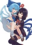  2girls :d ;d asymmetrical_wings between_legs black_dress black_hair black_thighhighs blue_bow blue_dress blue_eyes blue_hair blue_wings bow bowtie center_frills cirno commentary dress frills hair_bow hand_between_legs highres houjuu_nue ice ice_wings looking_at_another mikan_(manmarumikan) multiple_girls one_eye_closed red_bow red_bowtie red_eyes red_wings short_hair simple_background smile socks thigh-highs touhou white_background white_socks wings 