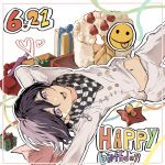  1boy :d black_hair box buttons cake checkered_clothes checkered_scarf danganronpa_(series) danganronpa_v3:_killing_harmony dated double-breasted emoji food fruit gift gift_box grey_jacket grey_pants hair_between_eyes happy_birthday heart highres hwang_(h751073) jacket lying navel oma_kokichi on_back pants pink_eyes scarf smile strawberry teeth upper_teeth_only 