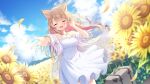  1girl :d ahoge animal_ear_fluff animal_ears blonde_hair blue_sky blush bracelet closed_eyes clouds colored_inner_hair day dog_ears dog_girl dress dutch_angle earrings falling_petals field floating_hair flower flower_earrings flower_field hair_ornament highres inumaki_himari jewelry long_hair looking_at_viewer multicolored_hair necklace off_shoulder outstretched_arms petals pink_hair reimin second-party_source see-through see-through_shirt sky smile solo suitcase sundress sunflower two-tone_hair virtual_youtuber wactor_production white_dress wind windmill x_hair_ornament yellow_flower 