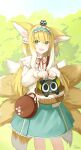  1girl :3 :d absurdres animal_ears arknights basket blonde_hair brown_bag cardigan commentary_request day duku_(hus7788950) floral_print fox_ears fox_girl fox_tail green_eyes green_hairband green_skirt hair_between_eyes hair_ribbon hairband highres holding holding_basket long_hair long_sleeves looking_at_viewer multicolored_hair multiple_tails neck_ribbon open_mouth outdoors red_ribbon ribbon signature skirt smile suzuran_(arknights) tail two-tone_hair white_hair white_ribbon 