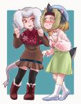 2girls :t absurdres animal_ears big_hair black_hair black_thighhighs blouse blush boots border breasts breasts_apart brown_dress brown_footwear brown_hair capelet closed_mouth dress food food_on_face full_body grey_hair hamadryas_baboon_(kemono_friends) hand_up hands_up hat headband highres holding holding_food index_finger_raised kemono_friends leaning_forward light_brown_hair long_sleeves looking_at_another mandrill_(kemono_friends) medium_hair monkey monkey_ears monkey_girl monkey_tail multicolored_hair multiple_girls nose_blush orange_eyes outside_border parted_lips shirt shoes short_dress socks standing tail thigh-highs toriny white_border yellow_eyes zettai_ryouiki 