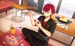  1boy bad_source black_pants bracelet breast_pocket brown_footwear crossed_legs easter_egg egg fingernails green_eyes hair_between_eyes happy_elements helios_rising_heroes highres jewelry male_focus official_art otori_akira paintbrush pants pocket redhead shoes table third-party_source 