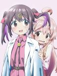  2girls :d ahoge belt bolo_tie brown_eyes commentary hair_between_eyes hair_lift hair_ornament hair_ribbon hairclip hiding hiding_behind_another highres lab_coat long_hair multicolored_hair multiple_girls nervous onii-chan_wa_oshimai! open_labcoat open_mouth oyama_mahiro oyama_mihari pink_background pink_hair purple_hair red_ribbon red_shirt ribbon sakura_planet shirt siblings simple_background sisters smile sweatdrop twintails two-tone_hair wing_collar 