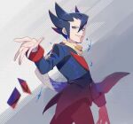  1boy black_hair card commentary_request grey_background grimsley_(pokemon) grin jacket kusuribe looking_at_viewer looking_down male_focus pants pointy_hair pokemon pokemon_(game) pokemon_bw scarf smile solo spread_fingers teeth watermark yellow_scarf 