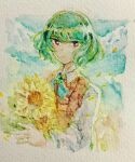  1girl 21scorpii blue_sky closed_mouth clouds collared_shirt falling_petals field flower flower_field gem green_gemstone green_hair green_necktie holding holding_flower kazami_yuuka light_frown long_sleeves necktie painting_(medium) petals plaid plaid_vest puffy_long_sleeves puffy_sleeves red_eyes red_vest shirt short_hair sky sunflower touhou traditional_media upper_body vest watercolor_(medium) wavy_hair white_shirt white_sleeves 