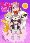  4girls :d absurdres aged_down animal_hood black_hair blush brown_hair chibi claw_pose duck_hood fams_(group) fang fox_hood grey_hair halloween highres hololive hood looking_at_viewer multiple_girls nakiri_ayame onesie oni_hood ookami_mio oozora_subaru open_mouth shirakami_fubuki smile v-shaped_eyebrows virtual_youtuber wappa wolf_hood 