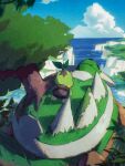 arc_draws clouds commentary_request day from_behind highres no_humans outdoors pokemon pokemon_(creature) riding riding_pokemon sky spikes torterra tree turtwig twitter_username 