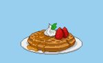  blue_background fan_(fantasy71199) food food_focus fruit no_humans original pancake pixel_art plate simple_background still_life strawberry whipped_cream 