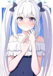  1girl alternate_costume alternate_hairstyle amenocchi blue_archive blush breasts closed_mouth collarbone commentary_request hair_between_eyes hair_ornament halo highres long_hair looking_at_viewer miyako_(blue_archive) portrait small_breasts solo swimsuit twintails violet_eyes white_hair 