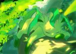  animal_focus closed_eyes commentary dappled_sunlight day dot_nose english_commentary full_body green_theme horezai leafeon lying no_humans on_stomach outdoors pokemon pokemon_(creature) sleeping solo sunlight u_u 