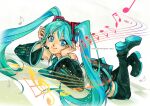  1girl andrea_jen aqua_hair aqua_nails blue_eyes boots checkered_floor closed_mouth hands_on_own_face hatsune_miku headset lying musical_note necktie number_tattoo on_stomach shoulder_tattoo simple_background smile solo tattoo treble_clef twintails vocaloid web_address 