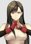  1girl bare_shoulders black_hair clenched_hand closed_mouth earrings final_fantasy final_fantasy_vii fingerless_gloves fist_in_hand gloves jewelry light_smile long_hair looking_at_viewer red_eyes red_gloves single_earring solo suspenders tank_top tifa_lockhart upper_body usui_natrium white_tank_top 