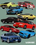  artist_name black_car blue_car car english_text ford_mustang green_background highres kaiware license_plate motor_vehicle muscle_car no_humans original red_car shadow simple_background spoiler_(automobile) vehicle_focus yellow_car 